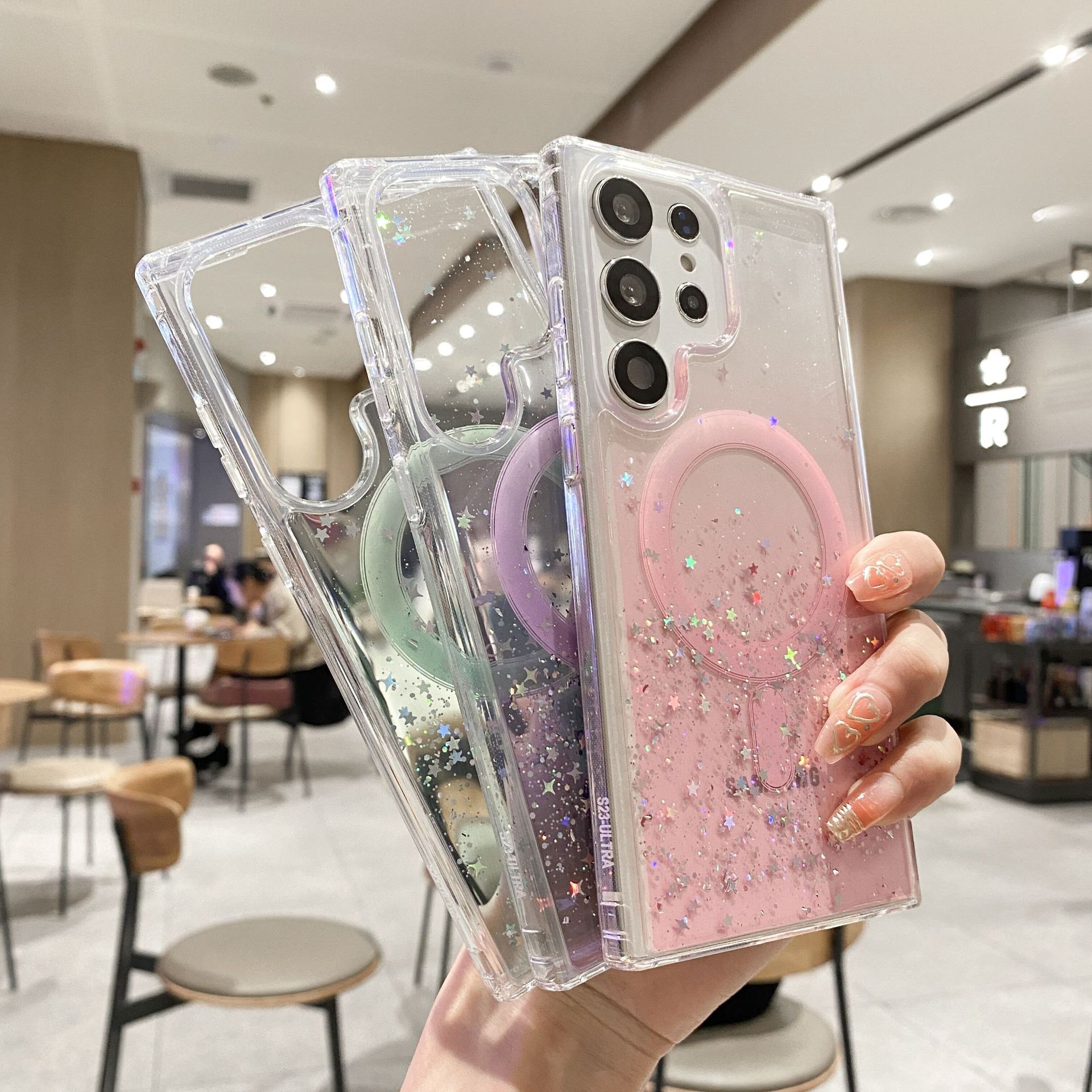Phone Case for Samsung Galaxy S24 S23 Ultra S22 Plus iPhone 15 14 13 12 11 Pro Max Glitter Magnetic Transparent Gradient Soft Gel Full Cover