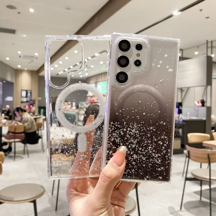 Phone Case for Samsung Galaxy S24 S23 Ultra S22 Plus iPhone 15 14 13 12 11 Pro Max Glitter Magnetic Transparent Gradient Soft Gel Full Cover
