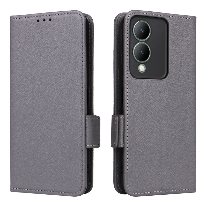 Wallet Flip Cover for Vivo Y17S 4G Lychee Pattern Leather Magnetic Flip Folio Stand Phone Cover with Card Holder