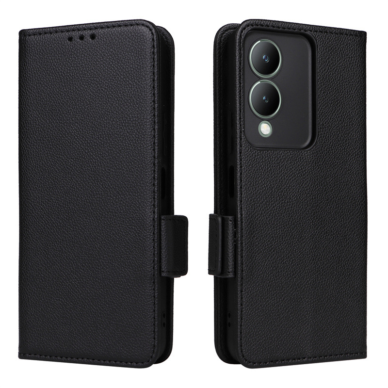 Wallet Flip Cover for Vivo Y17S 4G Lychee Pattern Leather Magnetic Flip Folio Stand Phone Cover with Card Holder