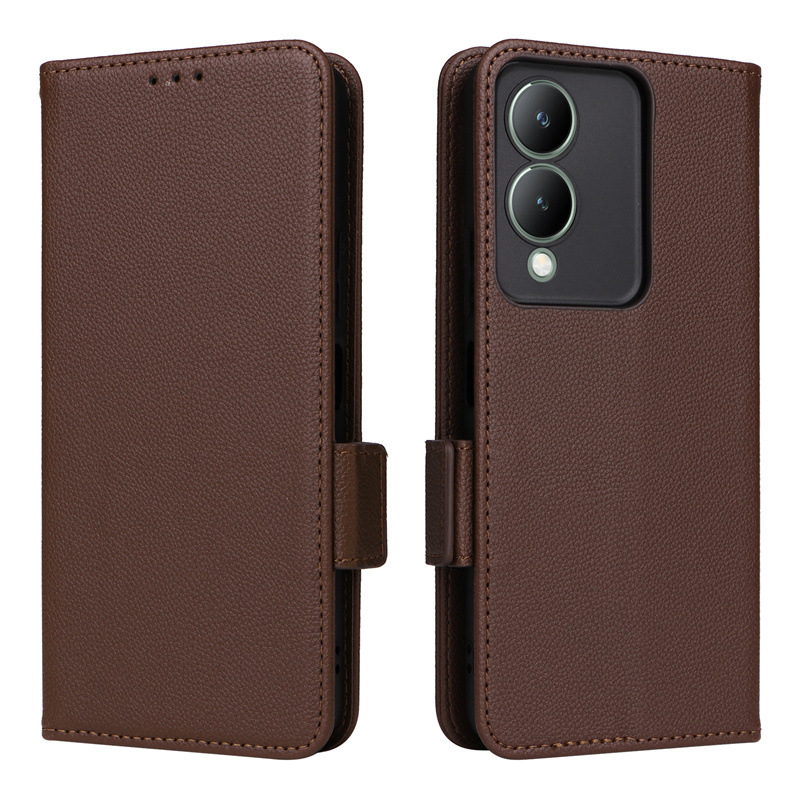 Wallet Flip Cover for Vivo Y17S 4G Lychee Pattern Leather Magnetic Flip Folio Stand Phone Cover with Card Holder
