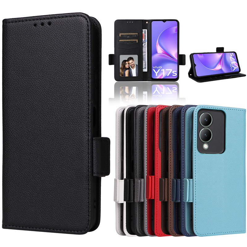 Wallet Flip Cover for Vivo Y17S 4G Lychee Pattern Leather Magnetic Flip Folio Stand Phone Cover with Card Holder