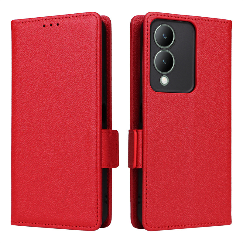 Wallet Flip Cover for Vivo Y17S 4G Lychee Pattern Leather Magnetic Flip Folio Stand Phone Cover with Card Holder