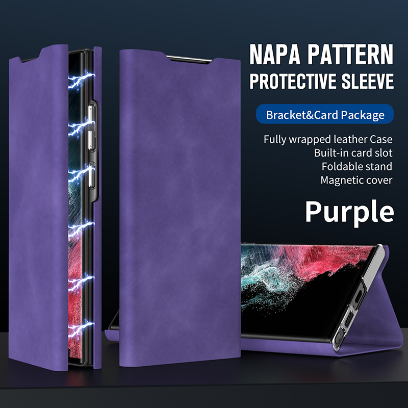 Leather Flip Cover for Samsung Galaxy S24 S23 Ultra S22 S21 Plus Napa Print Flap Card Case Leather Holder Protective Sleeve