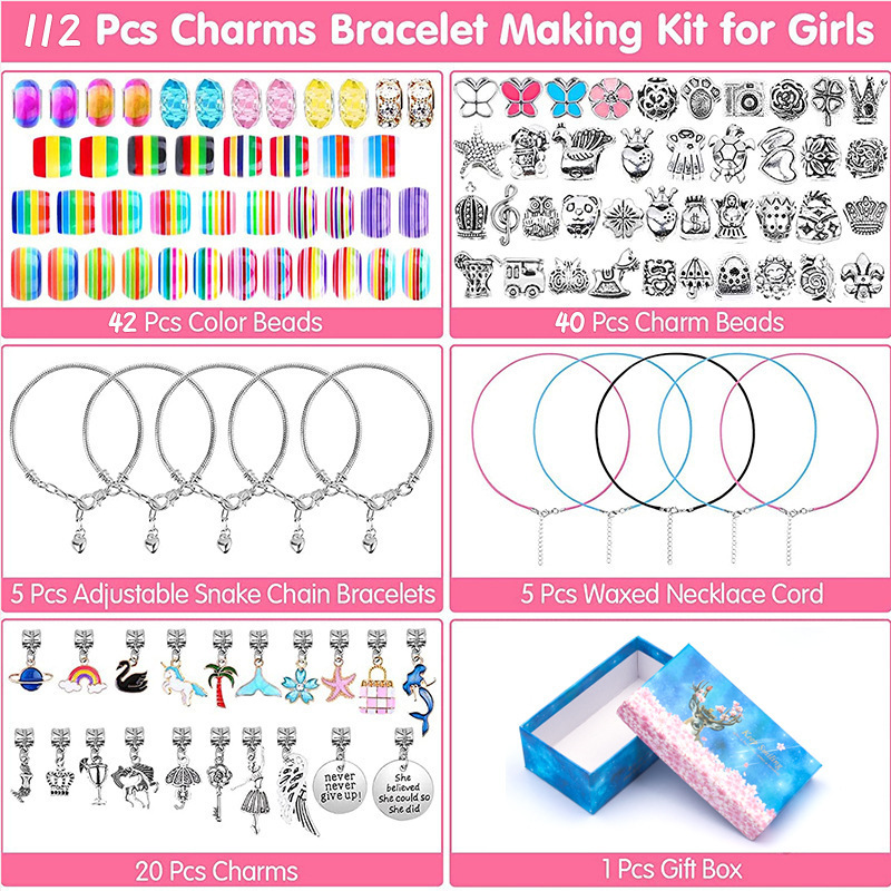 112 Pcs Charms Bracelet Making Kit for Girls, DIY Charm Bracelets Kit with Jewelry Beads, Bracelet Charms Gift for Girls Ages 7-12, Bracelet Kit Jewelry Gift for Girls Kids Teens and Adults