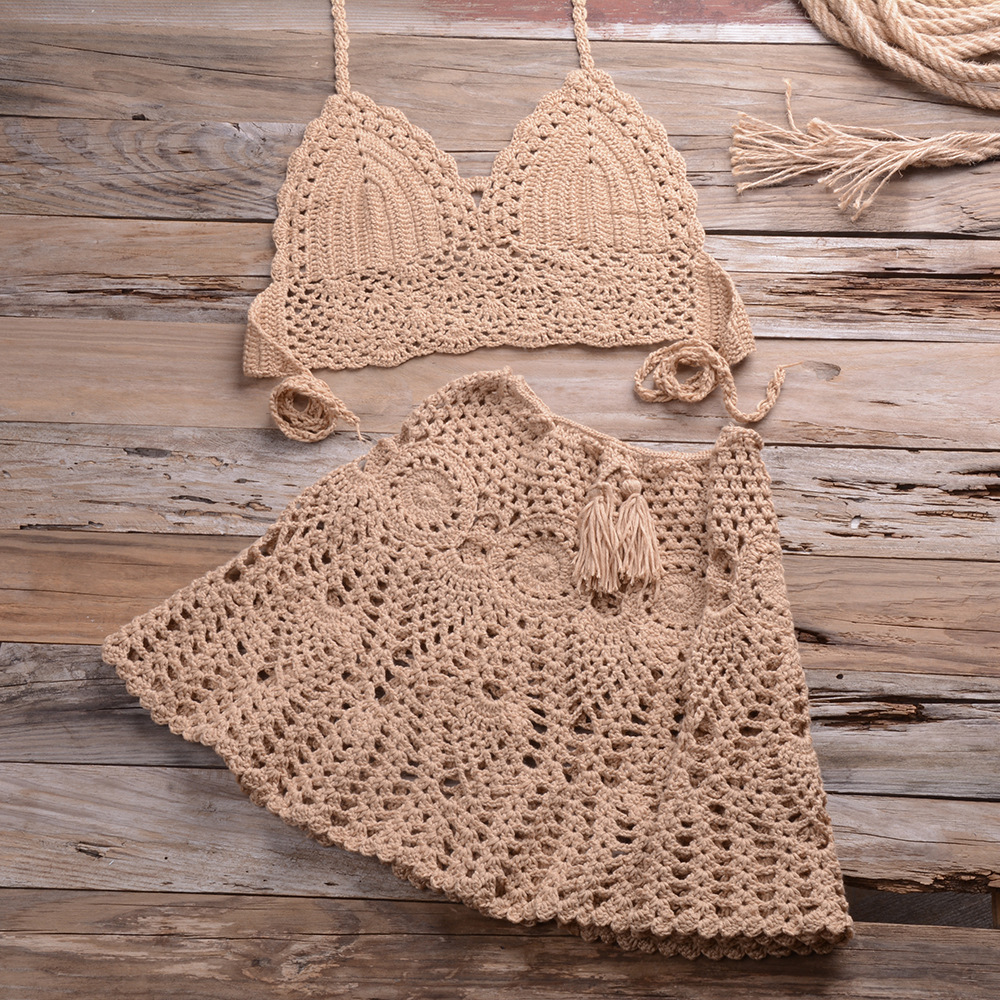 Women's Summer 2 Piece Crochet Swimsuit Bikini Beach Swimwear Cover Up Set Hollow Out Tank Top Mini Skirt Beach Cover Up Sets