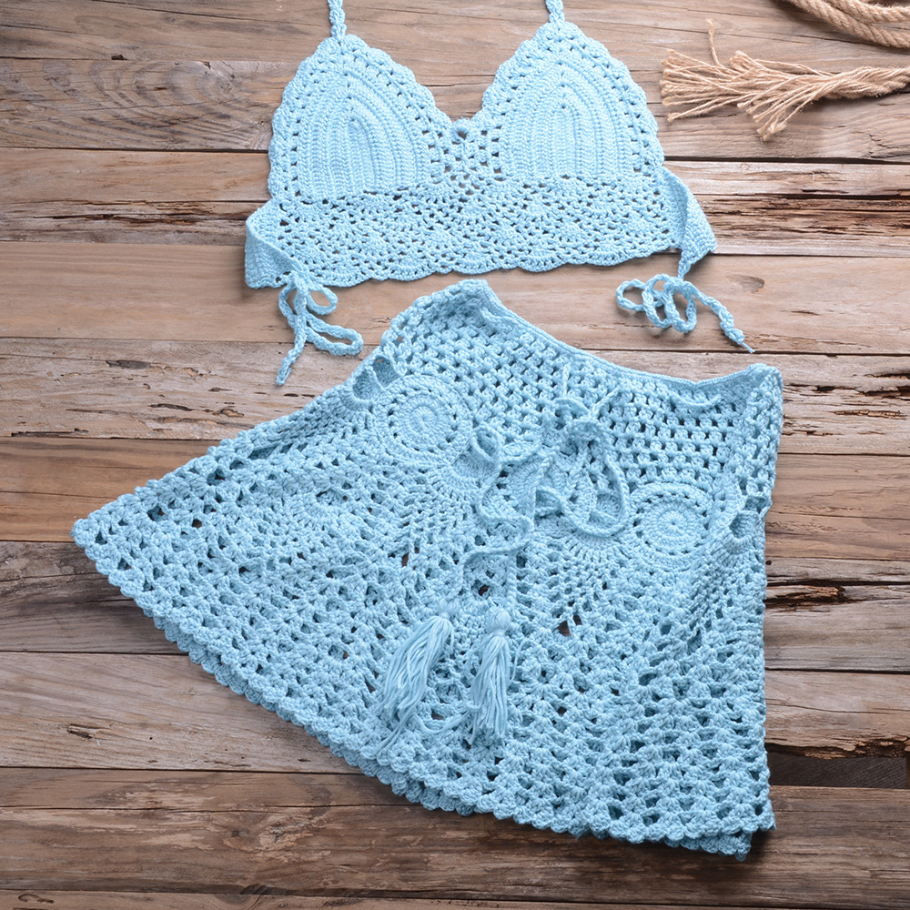 Women's Summer 2 Piece Crochet Swimsuit Bikini Beach Swimwear Cover Up Set Hollow Out Tank Top Mini Skirt Beach Cover Up Sets