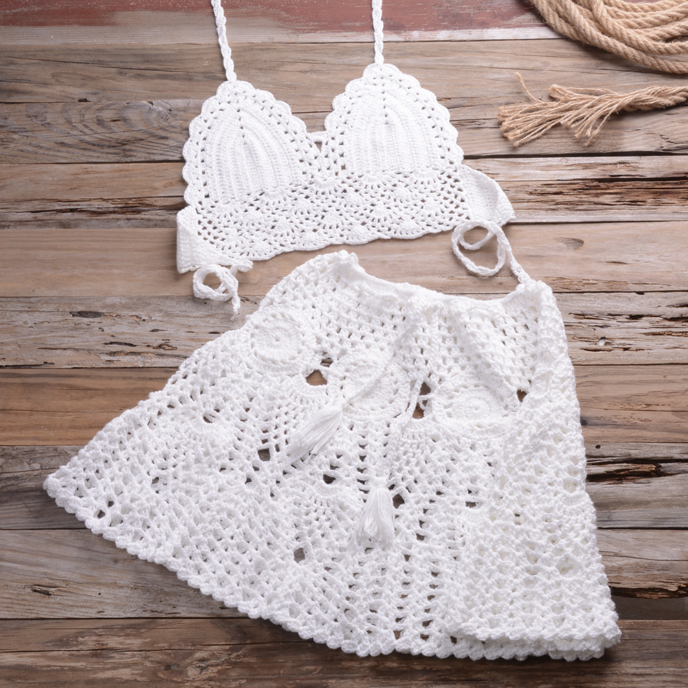Women's Summer 2 Piece Crochet Swimsuit Bikini Beach Swimwear Cover Up Set Hollow Out Tank Top Mini Skirt Beach Cover Up Sets