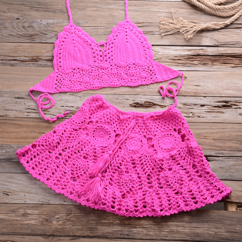 Women's Summer 2 Piece Crochet Swimsuit Bikini Beach Swimwear Cover Up Set Hollow Out Tank Top Mini Skirt Beach Cover Up Sets
