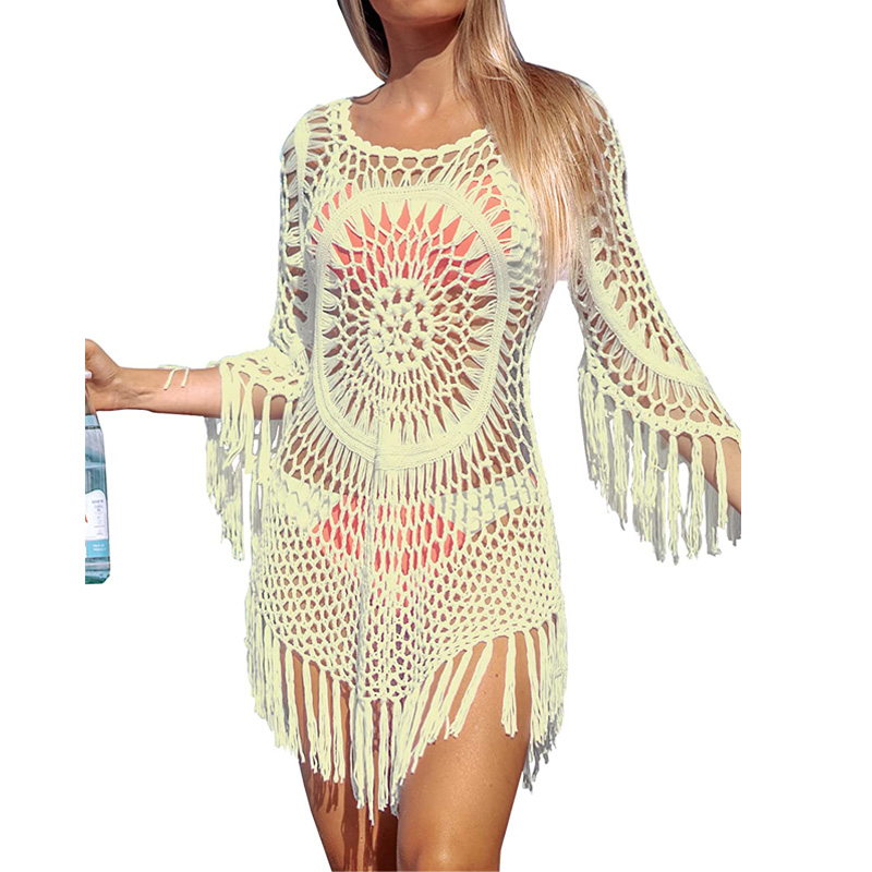 Women's Cover Up White Crochet Hollow Out Tassel Swimsuit Three Quarter Sleeve