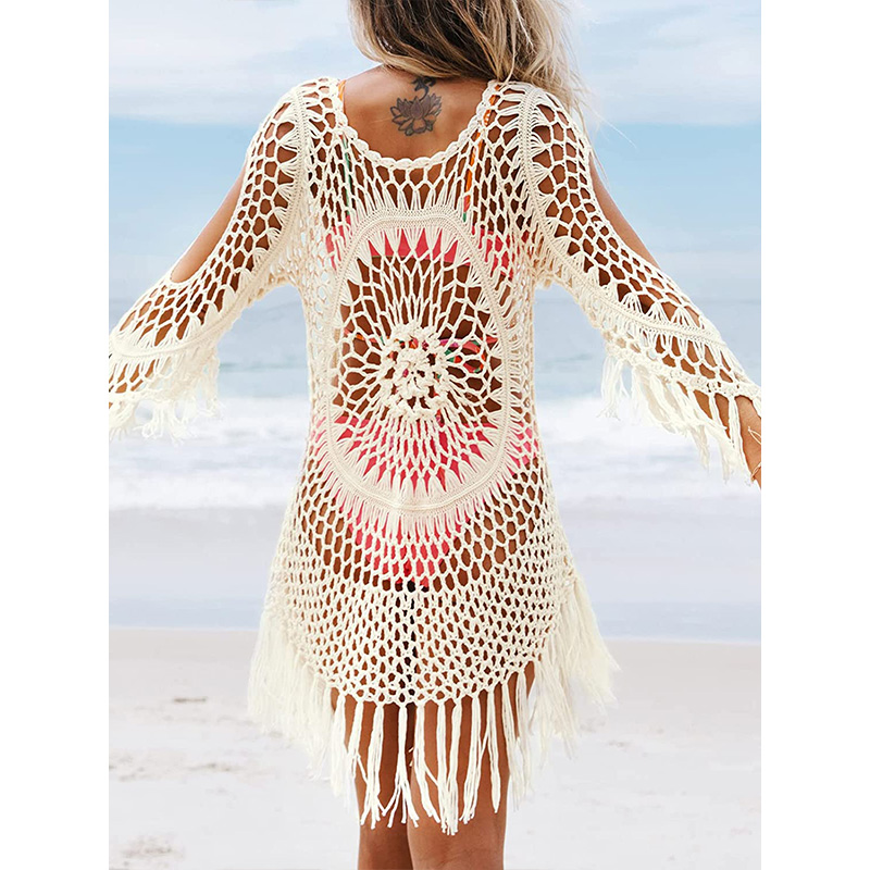 Women's Cover Up White Crochet Hollow Out Tassel Swimsuit Three Quarter Sleeve