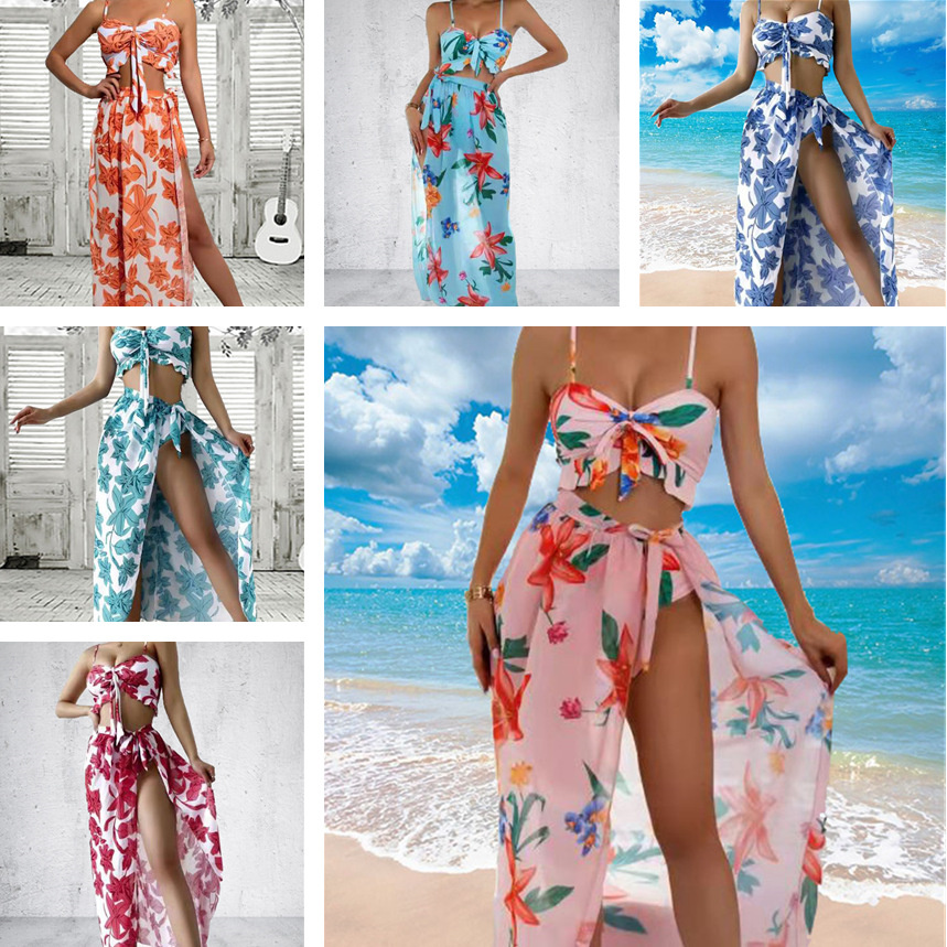 Women's Printed Halter Bikini Bathing Suit with Cover Up 3 Piece Swimsuits