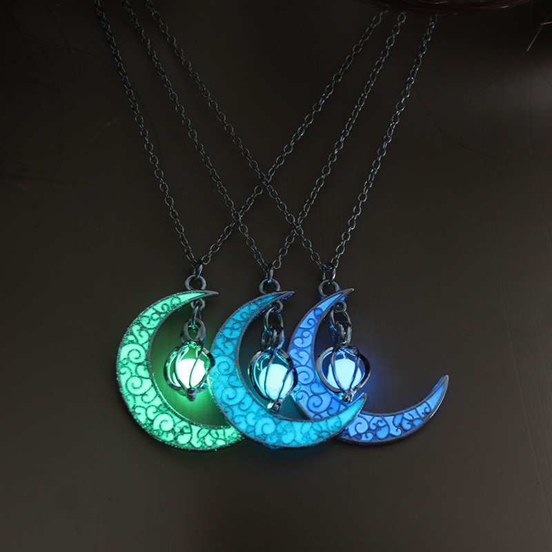 Glow in The Dark Necklaces for Women Girls Silver Crescent Moon and Orb Necklace Glowing Blue Moon Charm Magical Fantasy Fairy Glowing Necklace Glow Jewelry