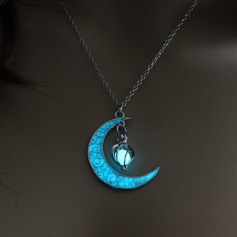 Glow in The Dark Necklaces for Women Girls Silver Crescent Moon and Orb Necklace Glowing Blue Moon Charm Magical Fantasy Fairy Glowing Necklace Glow Jewelry