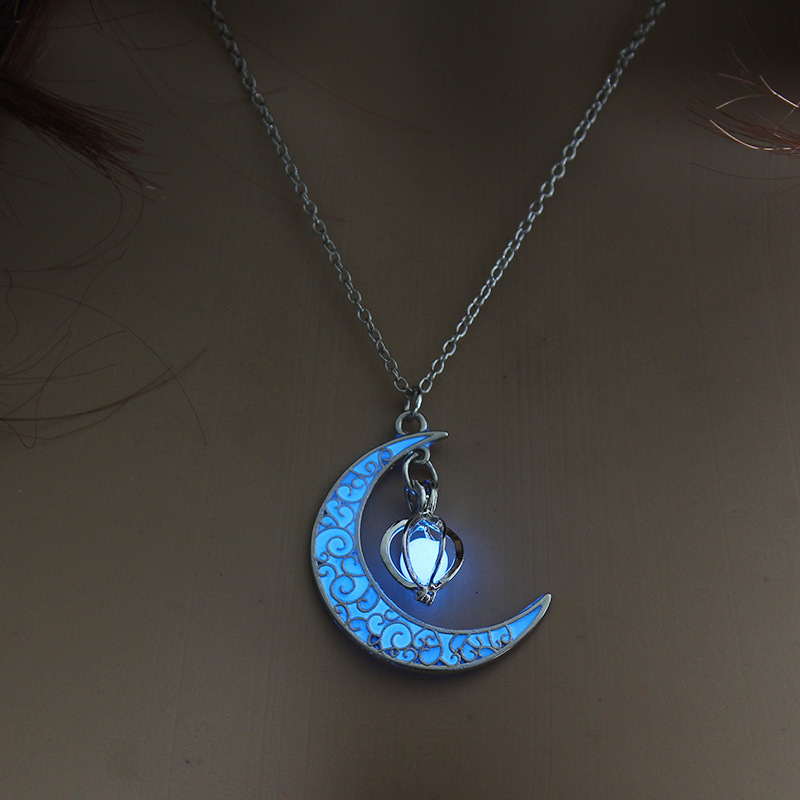 Glow in The Dark Necklaces for Women Girls Silver Crescent Moon and Orb Necklace Glowing Blue Moon Charm Magical Fantasy Fairy Glowing Necklace Glow Jewelry