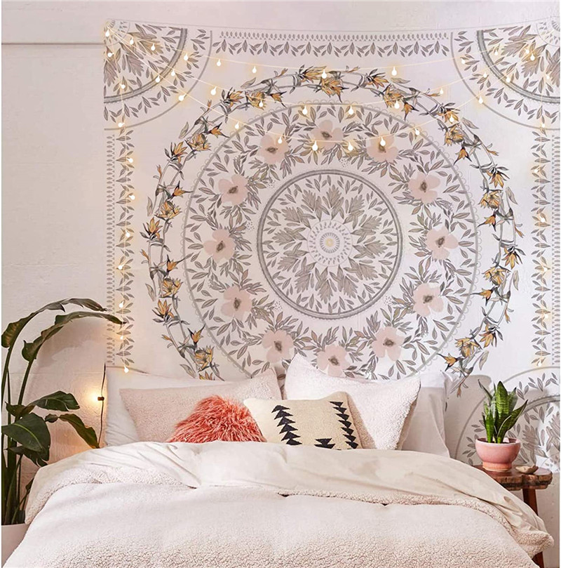 Sketched Floral Medallion Tapestry, Bohemian Mandala Wall Hanging Tapestries, Indian Art Print Mural for Bedroom Living Room Dorm Home Décor