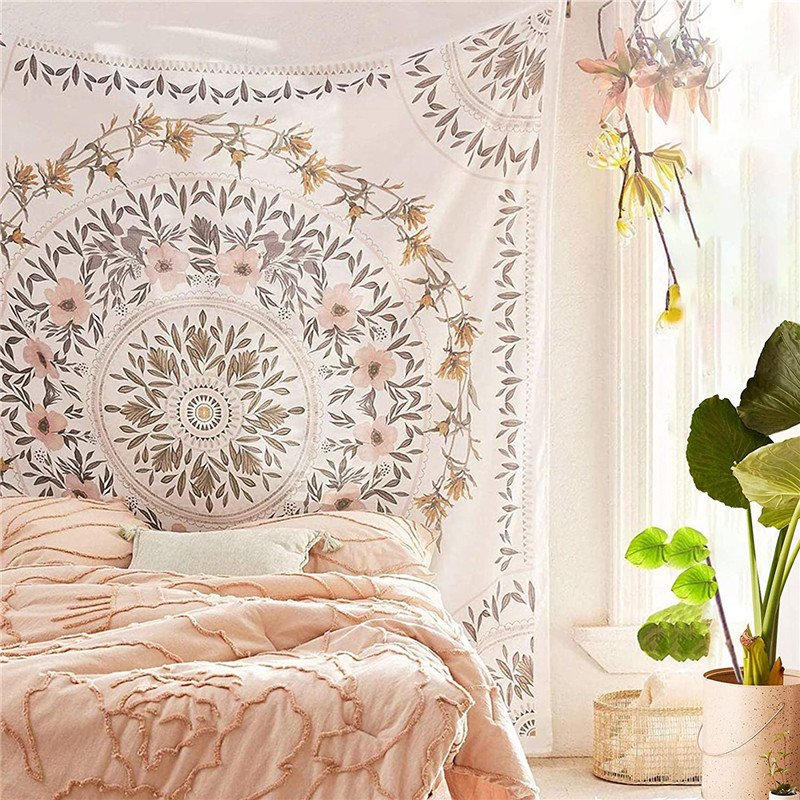 Sketched Floral Medallion Tapestry, Bohemian Mandala Wall Hanging Tapestries, Indian Art Print Mural for Bedroom Living Room Dorm Home Décor