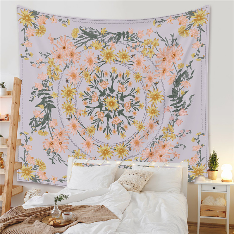 Sketched Floral Medallion Tapestry, Bohemian Mandala Wall Hanging Tapestries, Indian Art Print Mural for Bedroom Living Room Dorm Home Décor