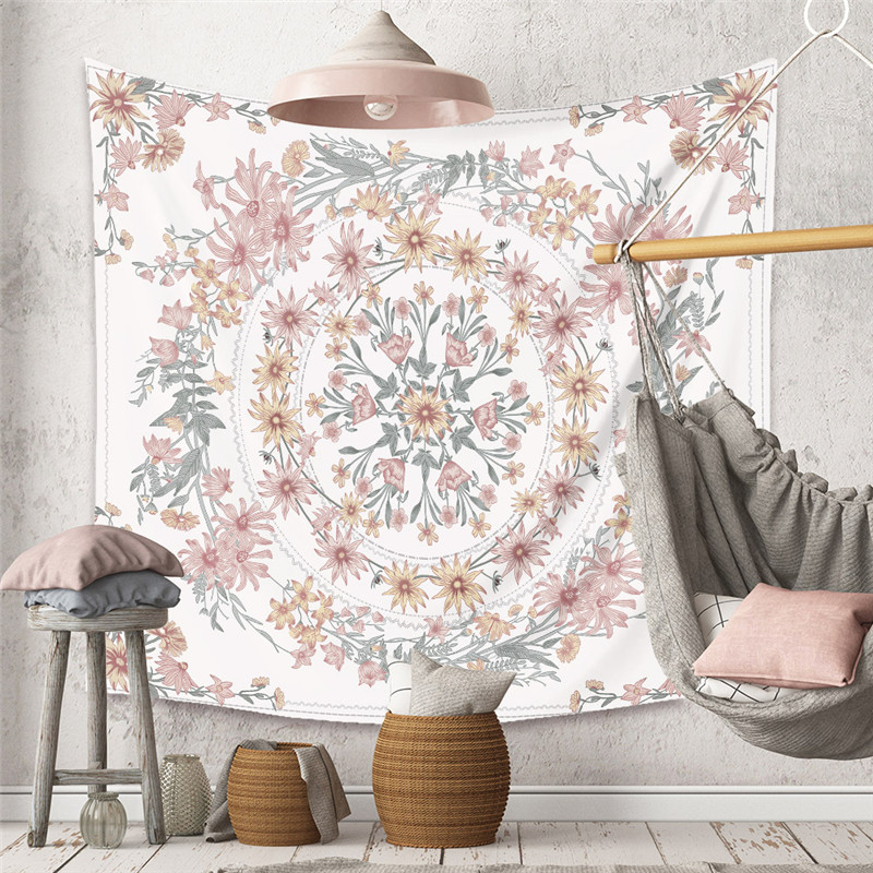 Sketched Floral Medallion Tapestry, Bohemian Mandala Wall Hanging Tapestries, Indian Art Print Mural for Bedroom Living Room Dorm Home Décor