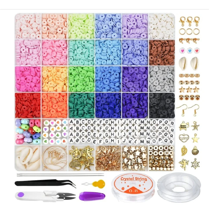 6000 Pcs Clay Beads for Bracelet Making, 24 Colors Flat Round Polymer Clay Beads 6mm Spacer Heishi Beads with Pendant Charms Kit and Elastic Strings for Jewelry Making Kit Bracelets Necklace