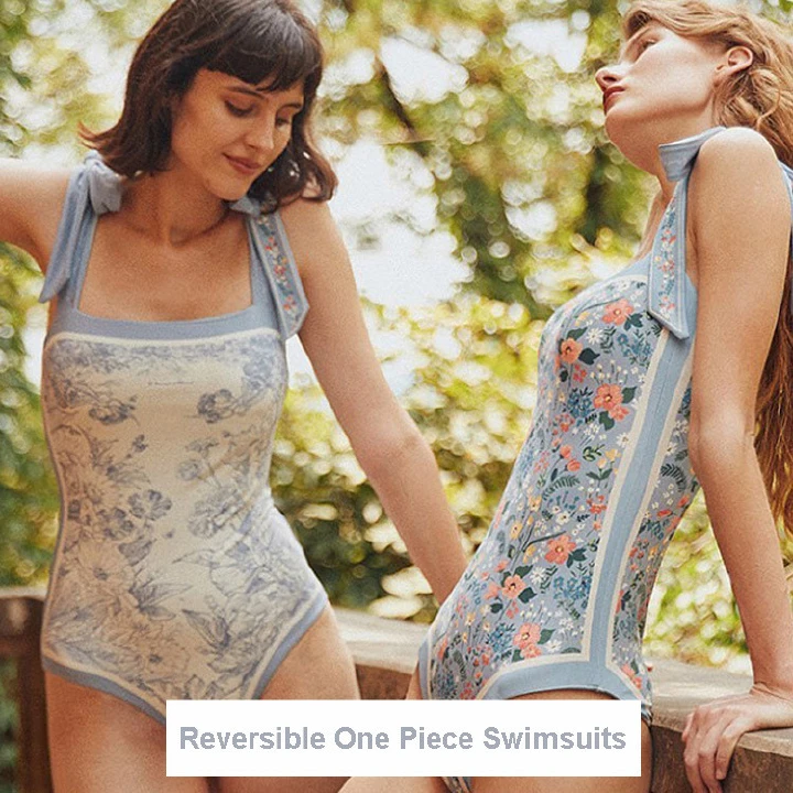 Women Floral One Piece Swimsuits, Reversible Tie Shoulder Monokini, Tummy Control Bathing Suits, Square Neck Swimwear