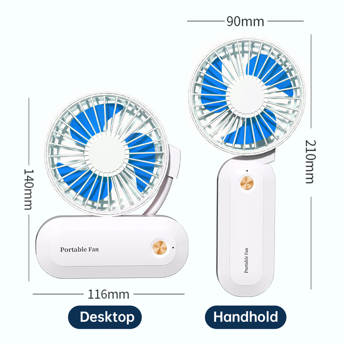 3 in 1 Versatile Small Fan Portable Handheld Fan Rechargeable Foldable Fan 3 Speeds Air Circulatory Fan for Travel Office Room Household (White)