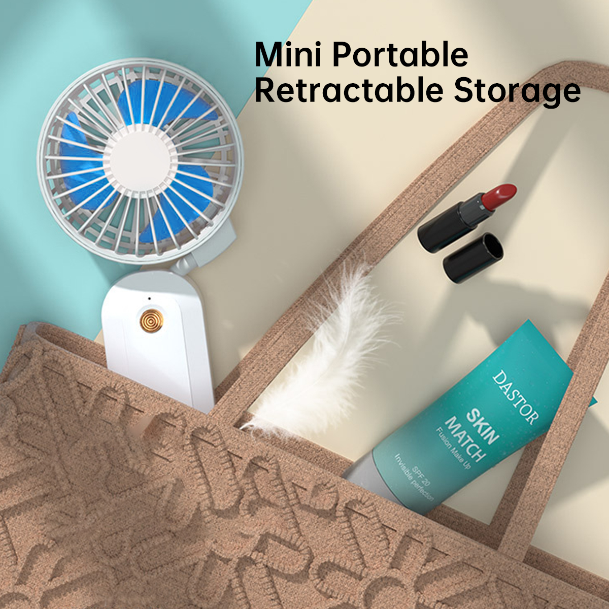 3 in 1 Versatile Small Fan Portable Handheld Fan Rechargeable Foldable Fan 3 Speeds Air Circulatory Fan for Travel Office Room Household (White)