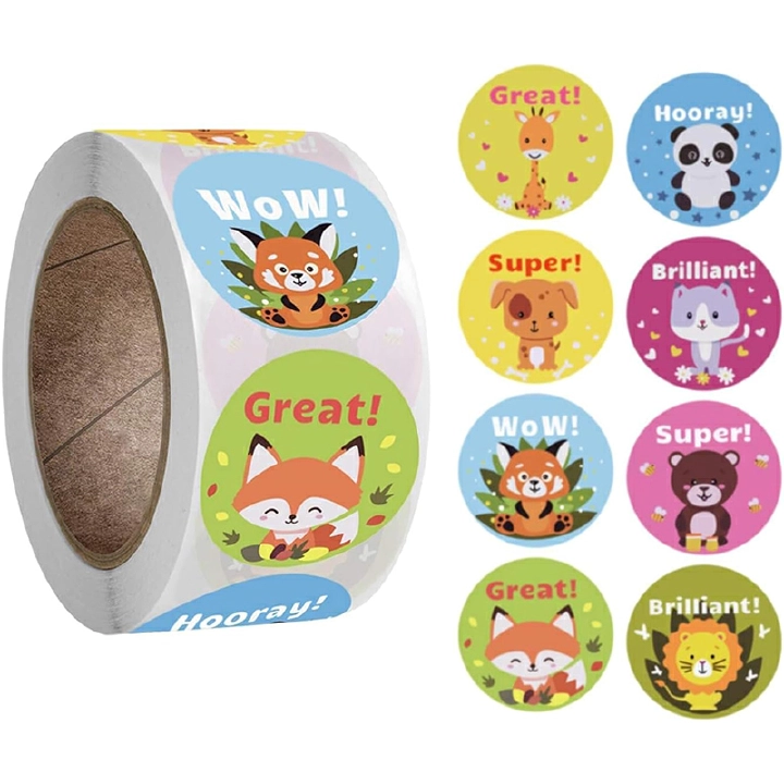 1 Roll 500 Stickers Teacher Motivational Stickers for Kids,deal Stickers for Kids Behavior incentives1 Inch,Cute Animal Stickers,8 Designs 500 Stickers