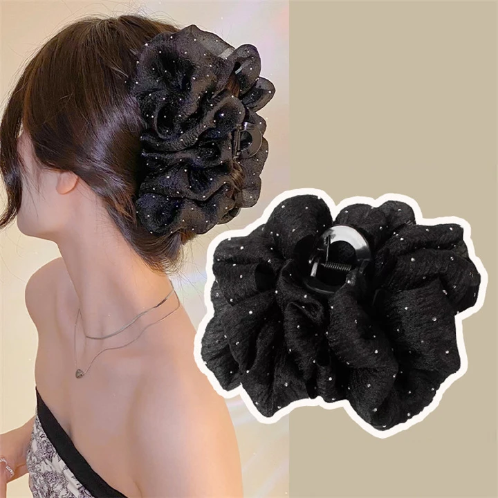 TS Chiffon Silk Hair Claw Clips Large Rhinestone Hair Claw Clips Bows Hair Clips Barrtette Hair Accessories for Women Girls