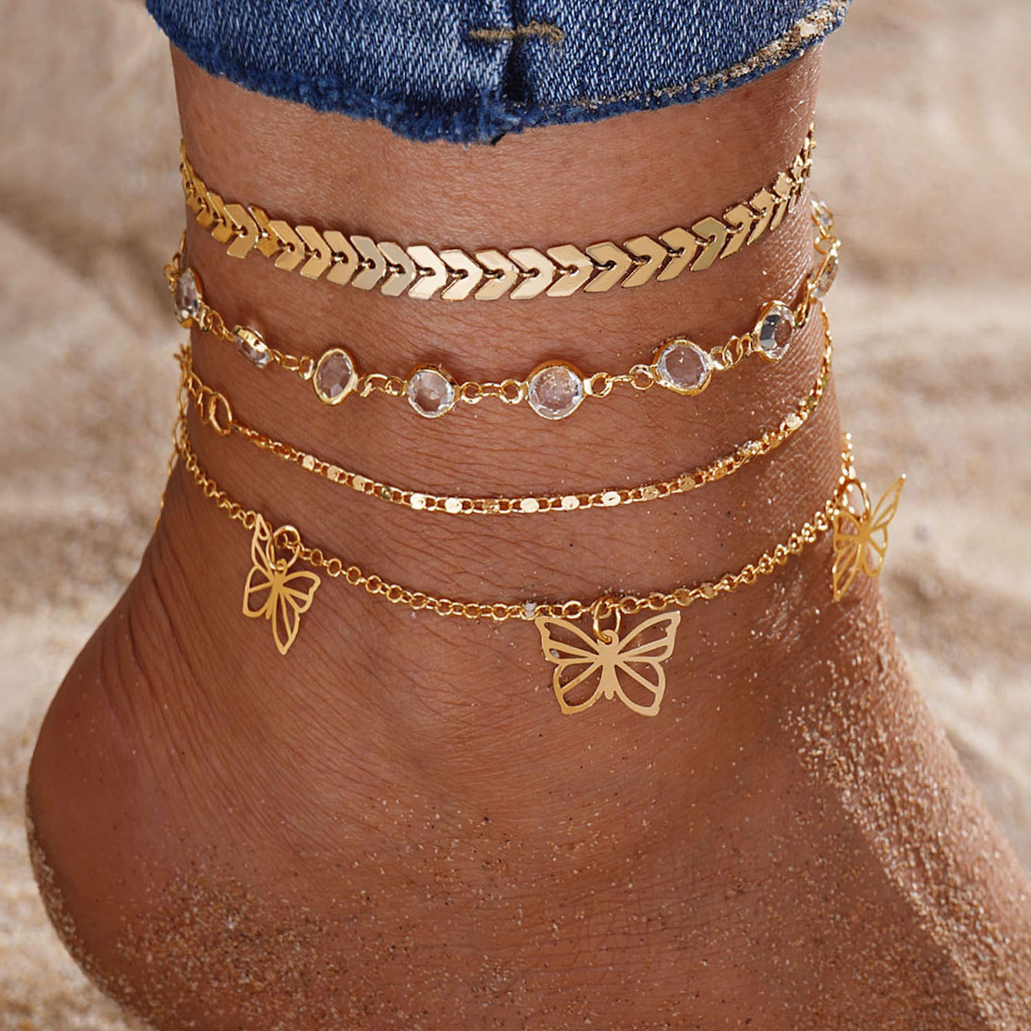 Multilayer Butterfly Anklets for Women Gold Boho Layered Anklets Sets Adjustable Anklet Foot Ankle Bracelet Beach Jewelry