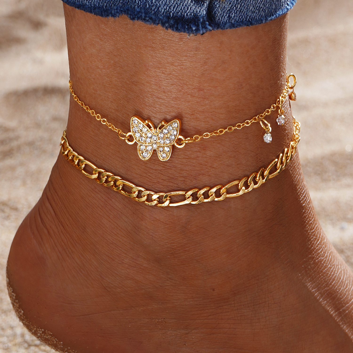 Multilayer Butterfly Anklets for Women Gold Boho Layered Anklets Sets Adjustable Anklet Foot Ankle Bracelet Beach Jewelry
