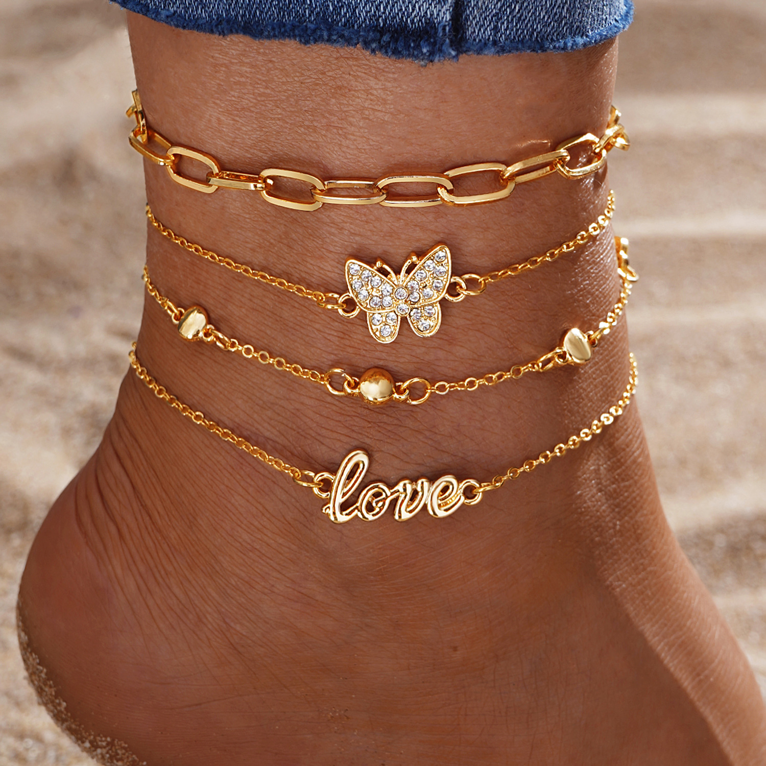 Multilayer Butterfly Anklets for Women Gold Boho Layered Anklets Sets Adjustable Anklet Foot Ankle Bracelet Beach Jewelry