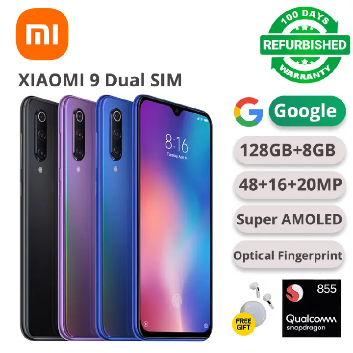 Refurbished XIAOMI 9 Mi 9 128GB Storage 8GB RAM Snapdragon 855 4G Lte Network 6.39" Super AMOLED 48MP+20MP Camera Under Display Fingerprint Unlock Smart Phones