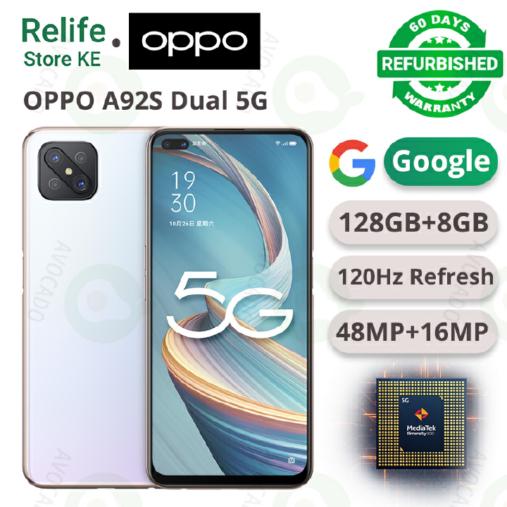 Refurbished phones OPPO A92s 128GB Storage 8GB RAM Dual 5G Network 6.57" 120HZ Refresh Display 48MP+16MP Camera 4000 mAh type c otg Full Set Smart phones
