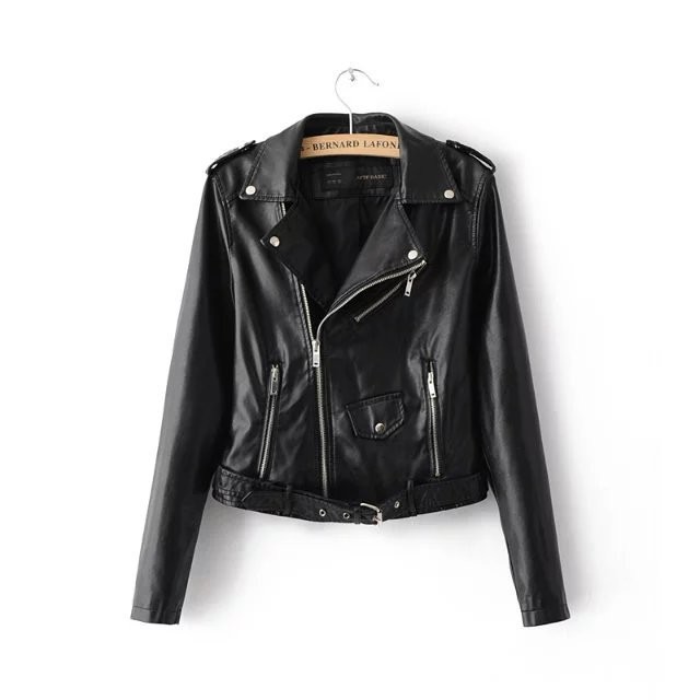 The New Fashion Lapel Waist Candy Colored Pu Motorcycle Zipper Leather Jackets Jacket Women Black S