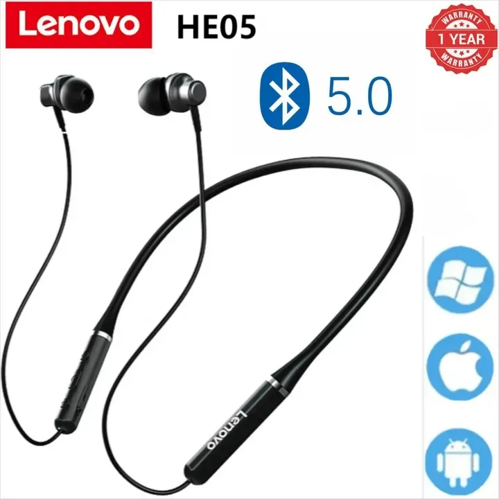 Original Lenovo Thinkplus HE05 Bluetooth Earphones Neck Hanging Super Bass  Sports Earphones with Mic Wireless Headphone for Android IOS with charging  cable Black Black