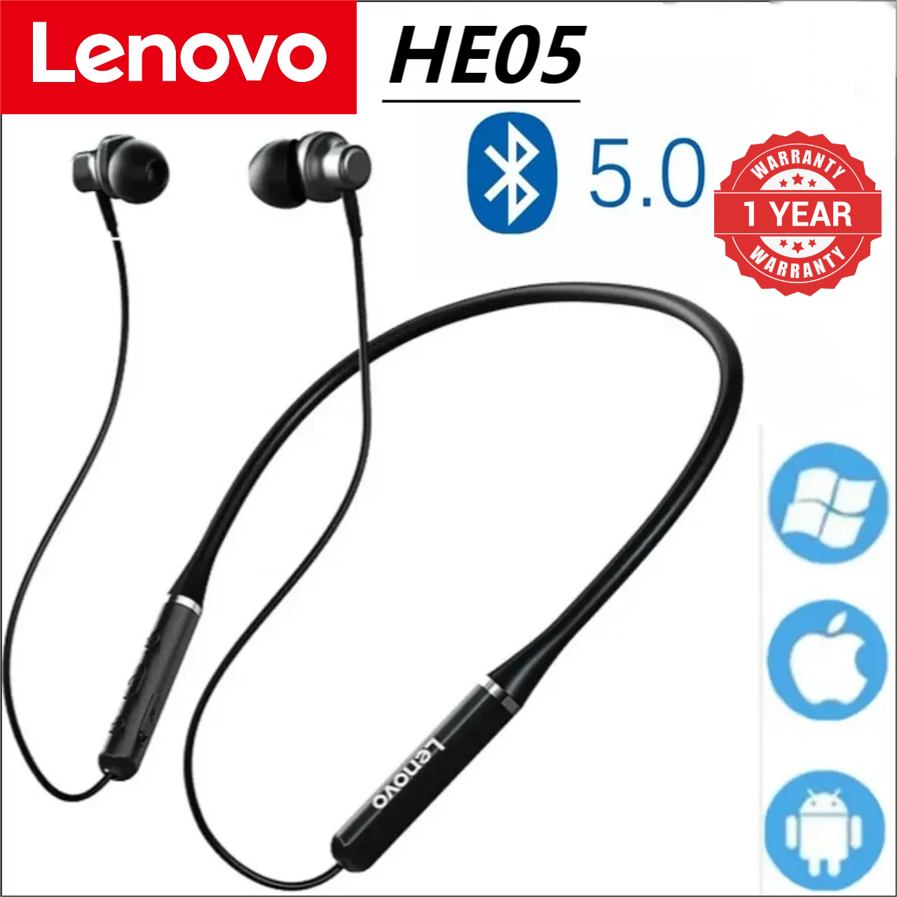 Lenovo Thinkplus HE05/HE05X Bluetooth Earphones Neck Hanging Super Bass Sports Earphones with Mic Wireless Headphone for Android IOS with charging cable Black