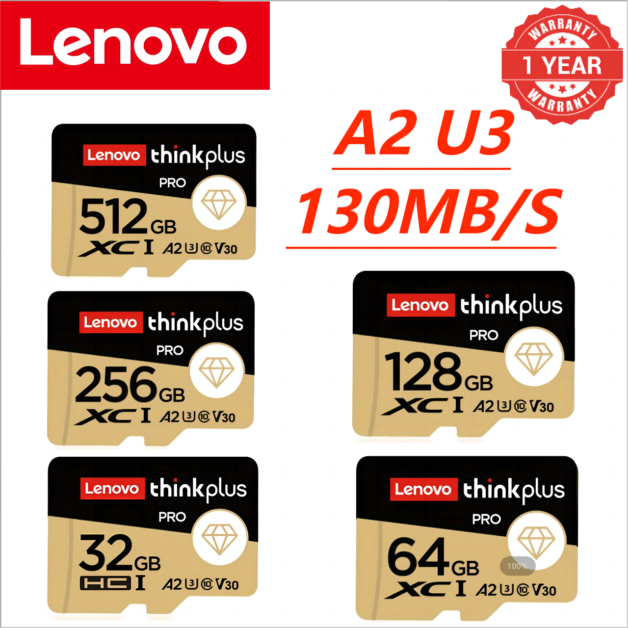 Lenovo ThinkPlus 128GB Memory Card PRO A2 U3 V30 Class10 TF Memory Card for Recorder Camera Smart Phone Tablet Computer Drone Action Camera Game Machine Be Common