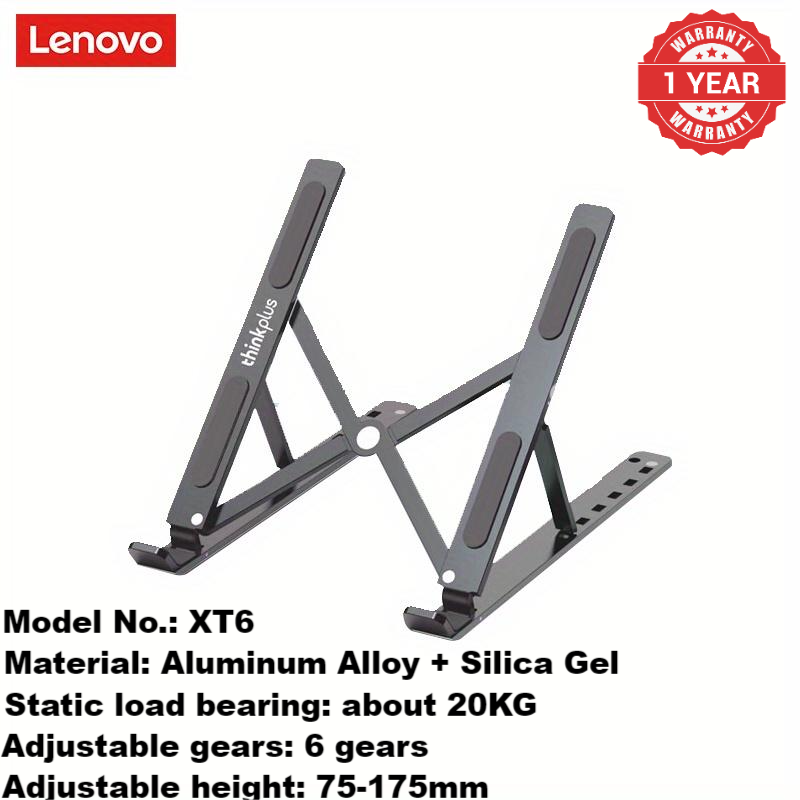 Lenovo XT6 Universal Laptop Stand - Adjustable, Foldable, Aluminum Alloy, Supports up to 20KG - Silver  Black