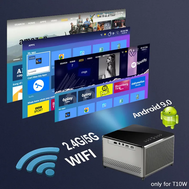 TouYinger T10 1080P 2.4G/5G WiFi Smart Projector, Multimedia Android 9.0 Beamer 7200Lumens High Brightness 200" Display Home Use Projector,Support Wireless Phone Computer Projector, Built-in Speaker