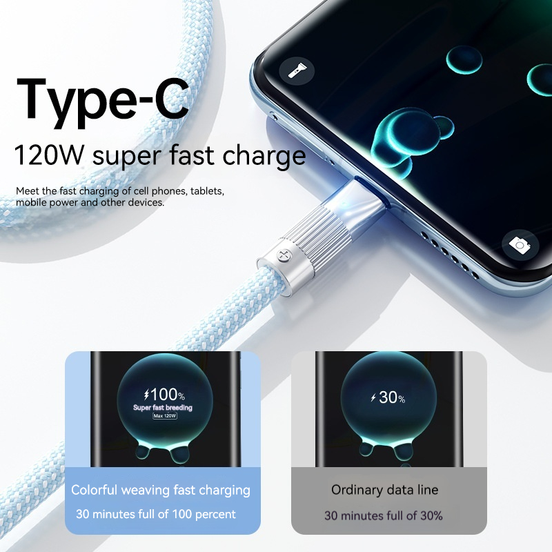TYPE C data cable super fast charging 120W for Huawei Honor Xiaomi metal head thickened USB charger cable