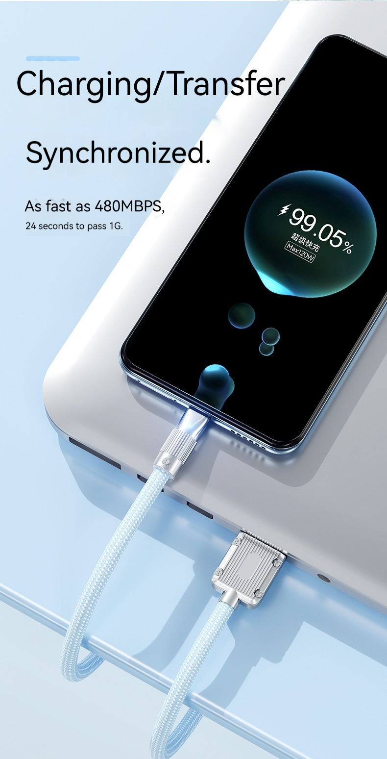 TYPE C data cable super fast charging 120W for Huawei Honor Xiaomi metal head thickened USB charger cable
