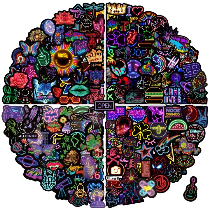 Neon Style Stickers 150PCS/Pack Waterproof Vinyl Stickers Decals Neon Light Laptop Stickers for Water Bottle Phone Computer Luggage Guitar Graffiti-Neon Stickers