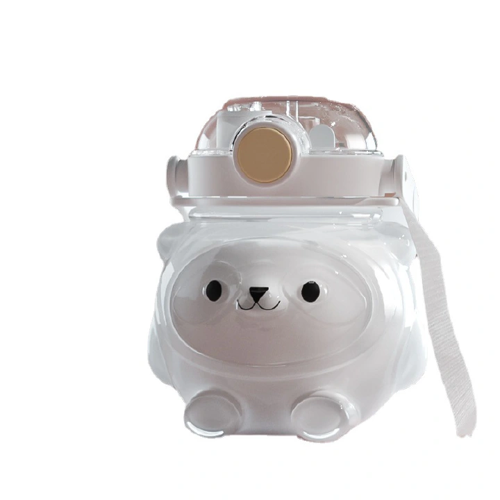 Water Bottle with Straw and Strap Cute Water Bottle Bear Drinking Bottle Leakproof Plastic Water Jug for Girl School Sport 25oz  White  3.15x3.15x7.3 Inch
