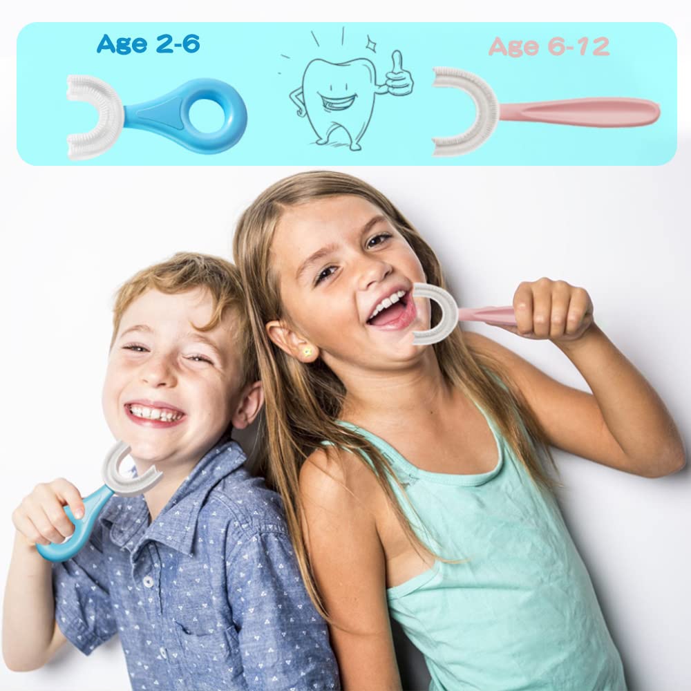 U-Shaped Toothbrush Kids 2 PCS - Toddler Toothbrush with Food Grade Soft Silicone Brush Head  Manual Whole Mouth Toothbrush for Kids Age 2-6  360° Oral Teeth Cleaning Design