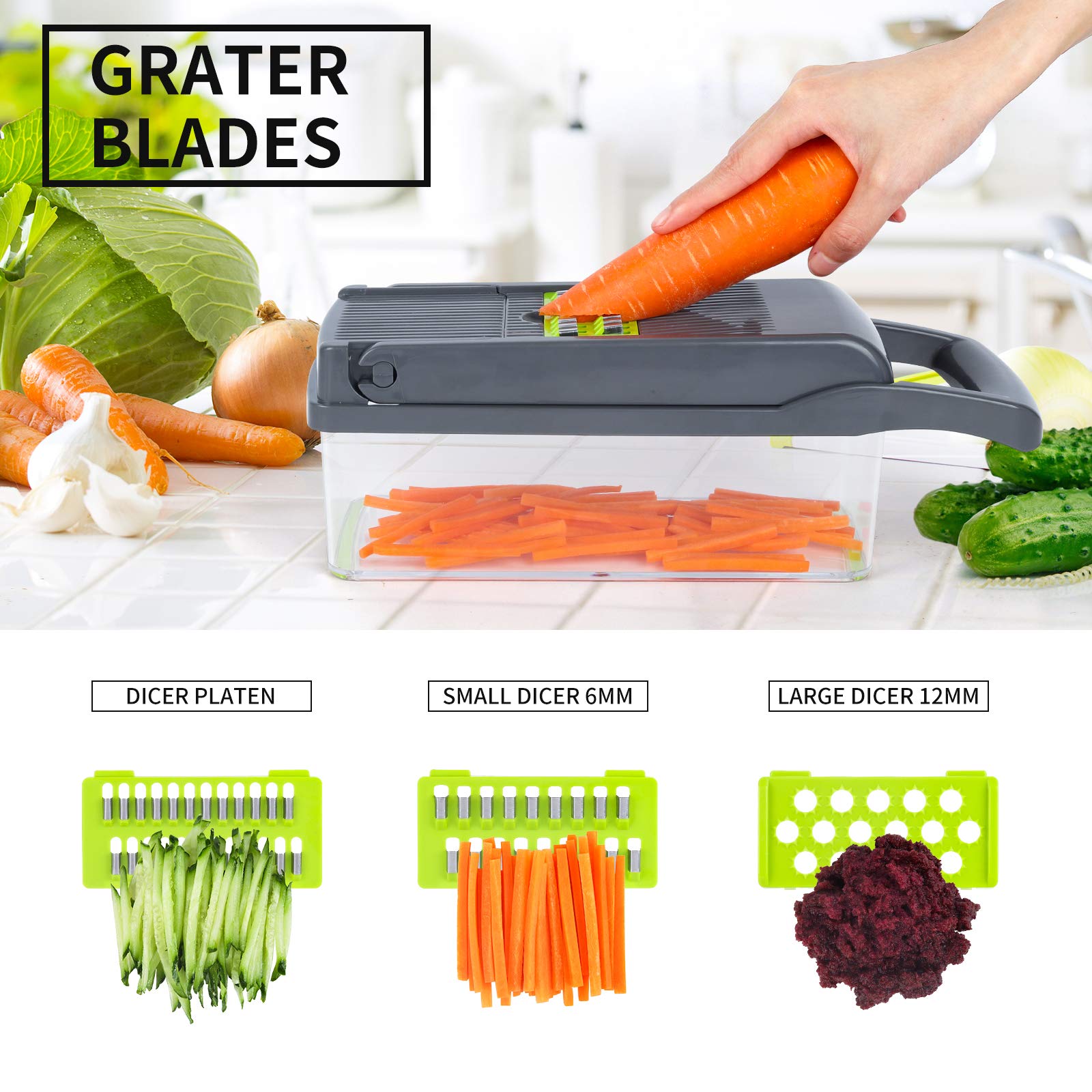 Vegetable Chopper Onion Chopper Mandolin Slicer Pro 13 in 1professional food Choppermultifunctional Vegetable Chopper and Slicer, Dicing Machine, AdjustableVegetable Cutter With Container(grey)