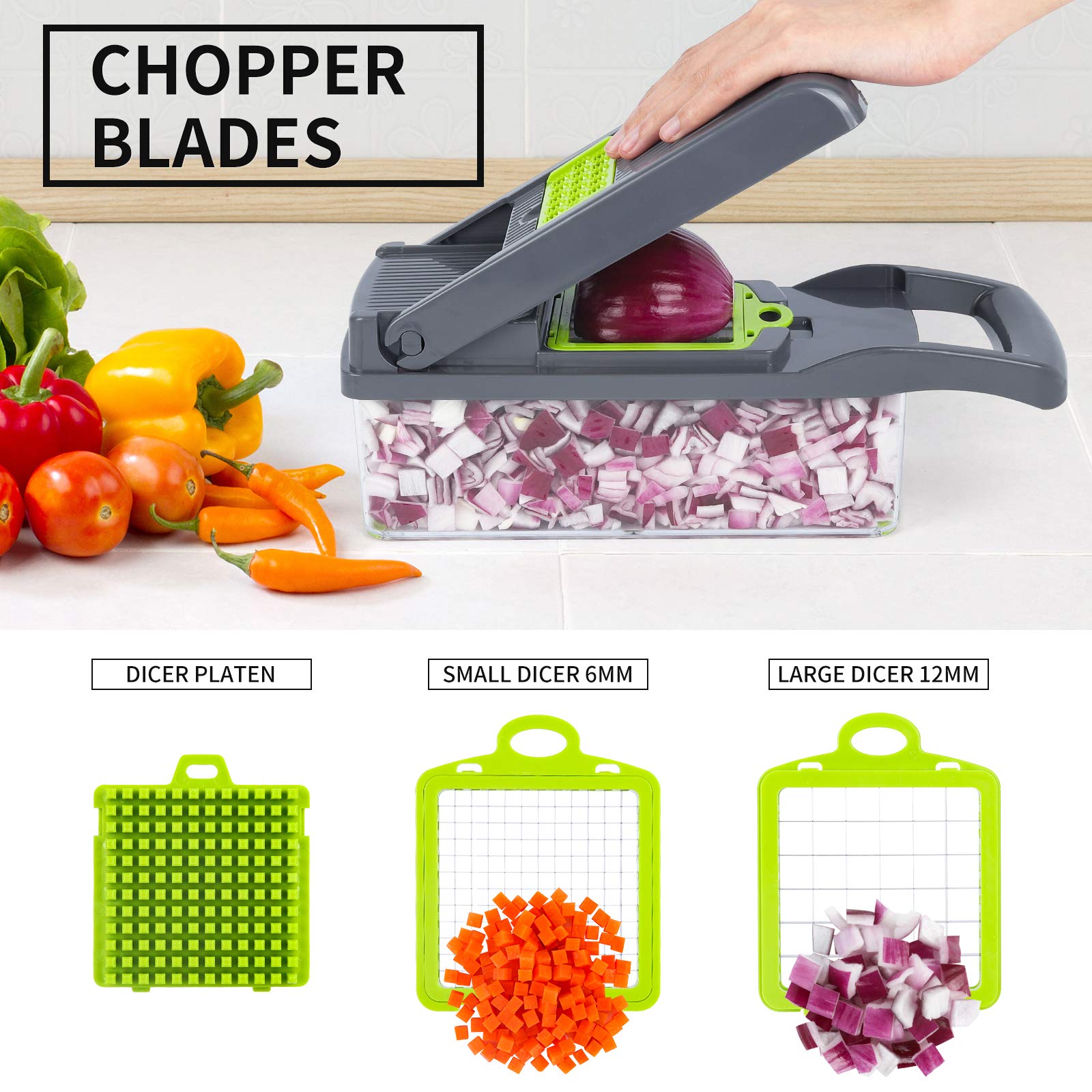 Vegetable Chopper Onion Chopper Mandolin Slicer Pro 13 in 1professional food Choppermultifunctional Vegetable Chopper and Slicer, Dicing Machine, AdjustableVegetable Cutter With Container(grey)