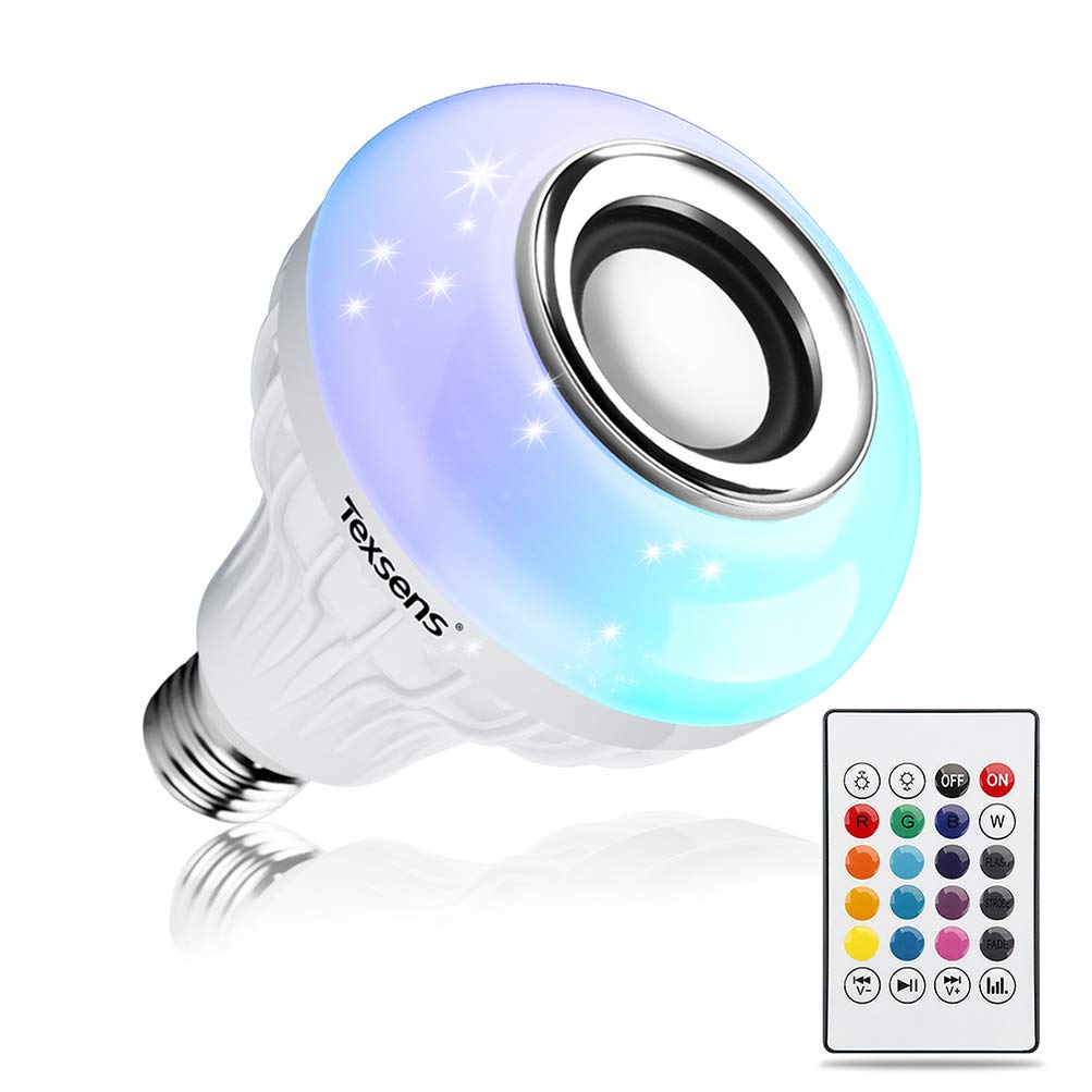 LED Light Bulb with Integrated Bluetooth Speaker  6W E26 RGB Changing Lamp Wireless Stereo Audio with 24 Keys Remote Control