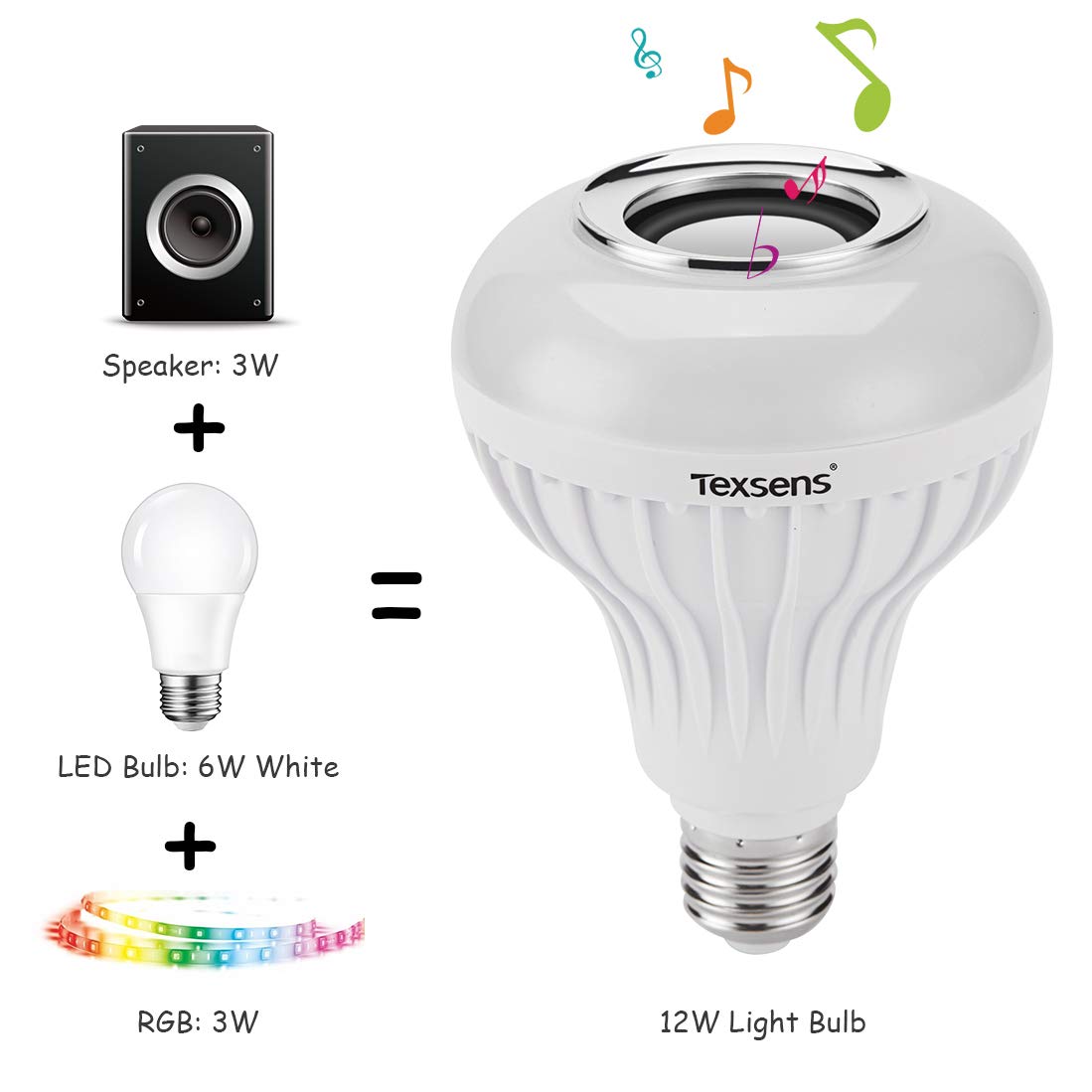 LED Light Bulb with Integrated Bluetooth Speaker  6W E26 RGB Changing Lamp Wireless Stereo Audio with 24 Keys Remote Control