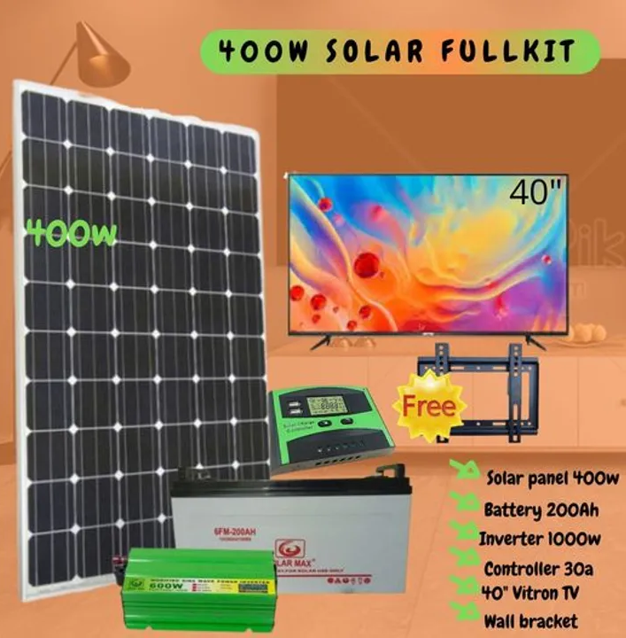 400W Solar panel fullkit + 200Ah Battery + inverter 1000w + controller 30a with 40" TV with free wall bracket